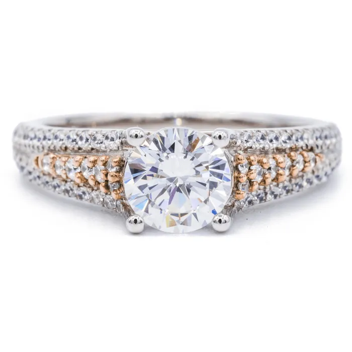 75mm Round Center Two Tone 14K White and Rose Gold Diamond Shank Ring Fire Brilliance Rings