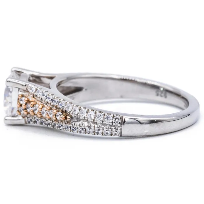 75mm Round Center Two Tone 14K White and Rose Gold Diamond Shank Ring Fire Brilliance Rings