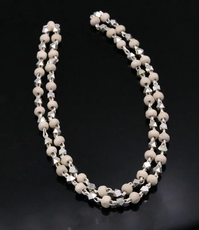 925 Silver handcrafted Basil rosary beads with silverbeads necklace chain tulsi mala use in Ayurveda for feel protected and focused ch19 TRIBAL ORNAMENTS Necklaces