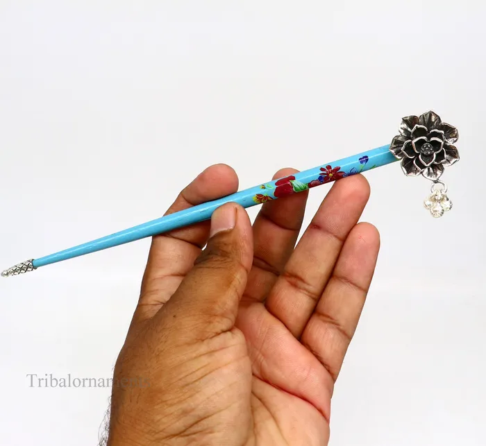 925 sterling silver customized rose flower design hair pin with wooden painted stick amazing hair jewelry brides gifting hc11 TRIBAL ORNAMENTS Rings 925 sterling silver customized rose flower design hair pin with wooden painted stick amazing hair jewelry brides gifting hc11 TRIBAL ORNAMENTS Rings