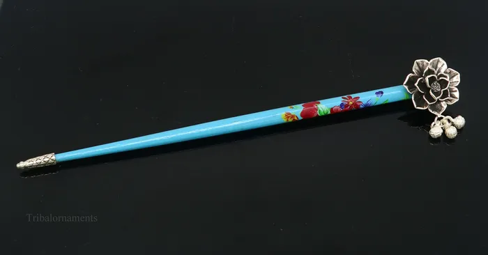 925 sterling silver customized rose flower design hair pin with wooden painted stick amazing hair jewelry brides gifting hc11 TRIBAL ORNAMENTS Rings