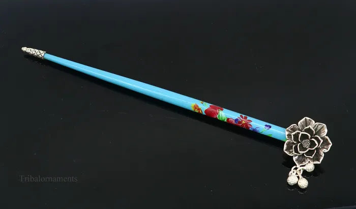 925 sterling silver customized rose flower design hair pin with wooden painted stick amazing hair jewelry brides gifting hc11 TRIBAL ORNAMENTS Rings