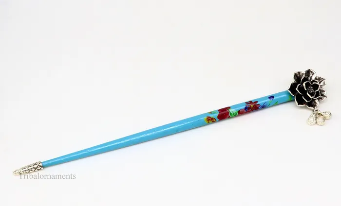 925 sterling silver customized rose flower design hair pin with wooden painted stick amazing hair jewelry brides gifting hc11 TRIBAL ORNAMENTS Rings