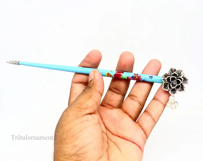 925 sterling silver customized rose flower design hair pin with wooden painted stick amazing hair jewelry brides gifting hc11 TRIBAL ORNAMENTS Rings