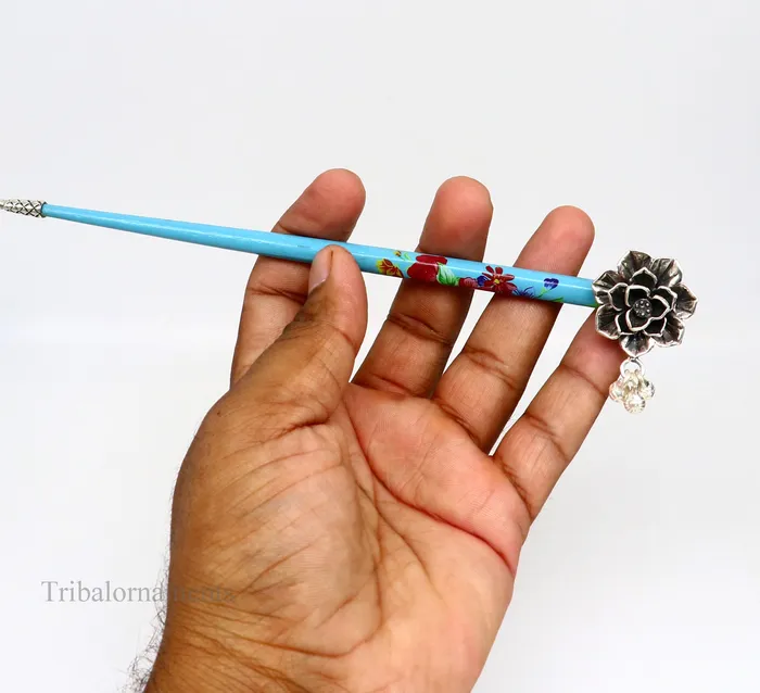 925 sterling silver customized rose flower design hair pin with wooden painted stick amazing hair jewelry brides gifting hc11 TRIBAL ORNAMENTS Rings