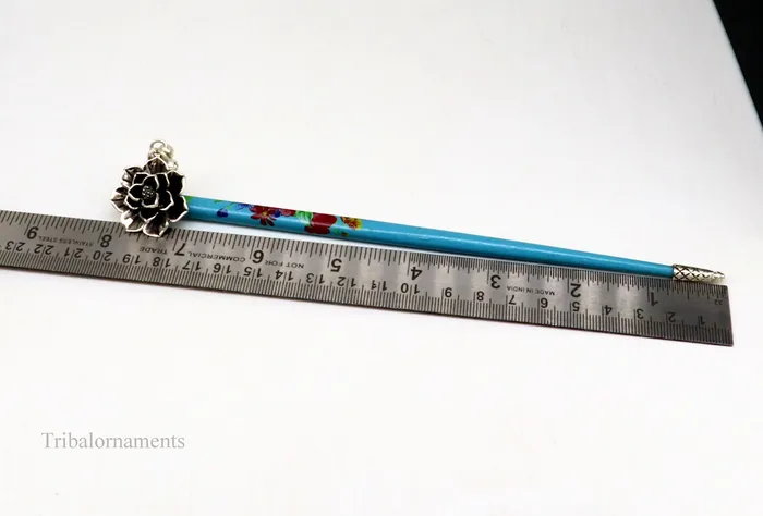 925 sterling silver customized rose flower design hair pin with wooden painted stick amazing hair jewelry brides gifting hc11 TRIBAL ORNAMENTS Rings