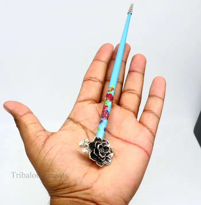 925 sterling silver customized rose flower design hair pin with wooden painted stick amazing hair jewelry brides gifting hc11 TRIBAL ORNAMENTS Rings