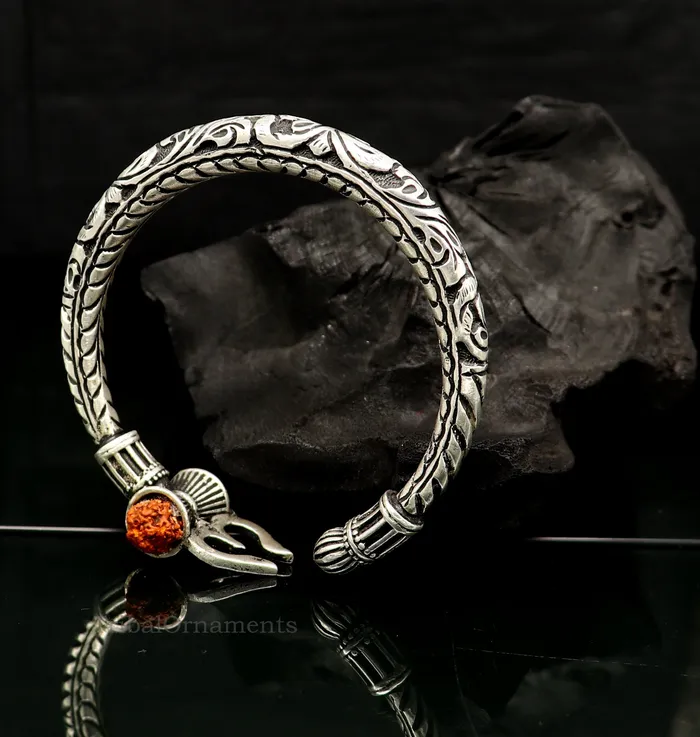 925 sterling silver customized Shiva trident Rudraksha bangle mens bracelet excellent Nakshi work mens gifting jewelry from India nssk389 TRIBAL ORNAMENTS Bracelets 925 sterling silver customized Shiva trident Rudraksha bangle mens bracelet excellent Nakshi work mens gifting jewelry from India nssk389 TRIBAL ORNAMENTS Bracelets
