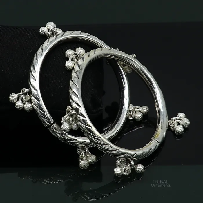 925 sterling silver handmade amazing jingling bells traditional indian kada bangle bracelet jewelry stylish brides ethnic jewelry ba138 TRIBAL ORNAMENTS Bracelets