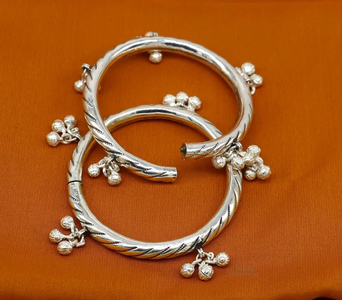 925 sterling silver handmade amazing jingling bells traditional indian kada bangle bracelet jewelry stylish brides ethnic jewelry ba138 TRIBAL ORNAMENTS Bracelets