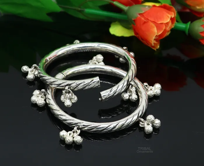 925 sterling silver handmade amazing jingling bells traditional indian kada bangle bracelet jewelry stylish brides ethnic jewelry ba138 TRIBAL ORNAMENTS Bracelets