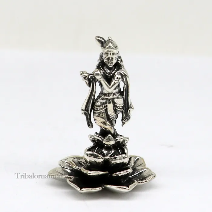 925 Sterling silver handmade antique design Idols Lord Krishna with flute standing Statue figurine puja articles decorative gift art159 TRIBAL ORNAMENTS Necklaces