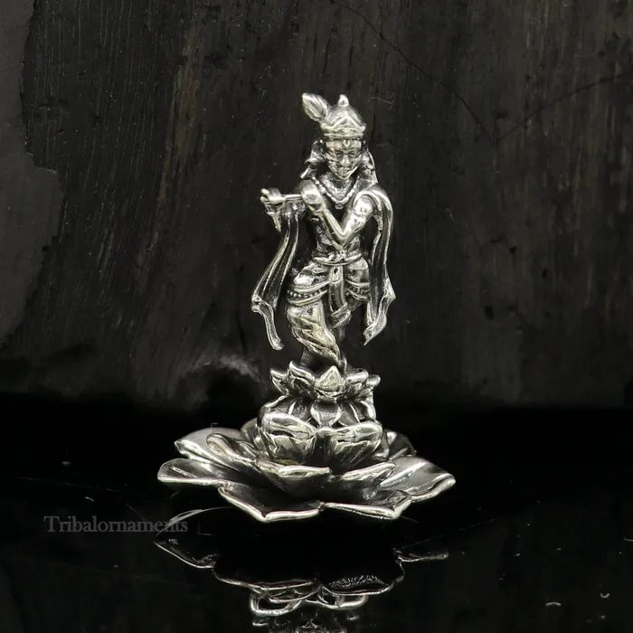 925 Sterling silver handmade antique design Idols Lord Krishna with flute standing Statue figurine puja articles decorative gift art159 TRIBAL ORNAMENTS Necklaces