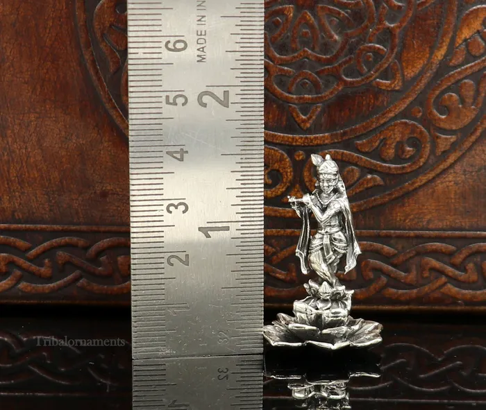 925 Sterling silver handmade antique design Idols Lord Krishna with flute standing Statue figurine puja articles decorative gift art159 TRIBAL ORNAMENTS Necklaces