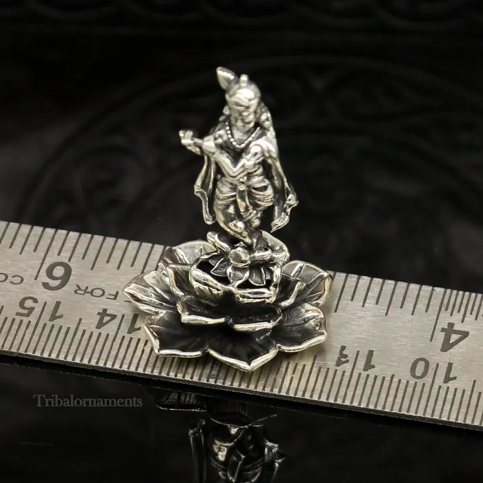 925 Sterling silver handmade antique design Idols Lord Krishna with flute standing Statue figurine puja articles decorative gift art159 TRIBAL ORNAMENTS Necklaces