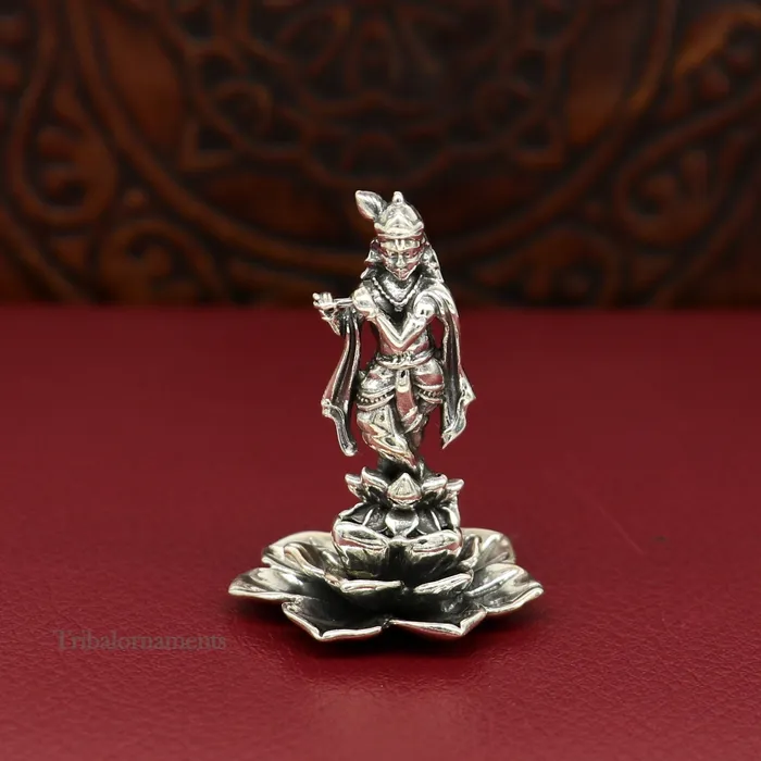 925 Sterling silver handmade antique design Idols Lord Krishna with flute standing Statue figurine puja articles decorative gift art159 TRIBAL ORNAMENTS Necklaces