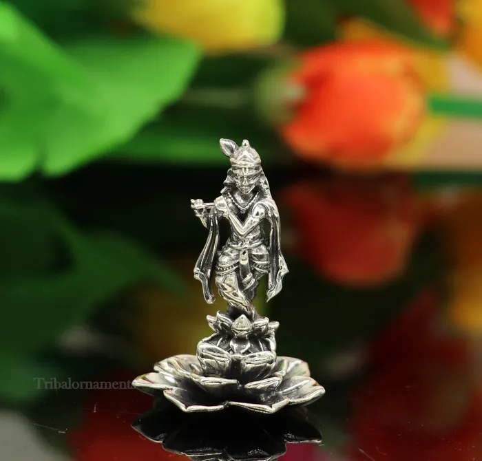 925 Sterling silver handmade antique design Idols Lord Krishna with flute standing Statue figurine puja articles decorative gift art159 TRIBAL ORNAMENTS Necklaces