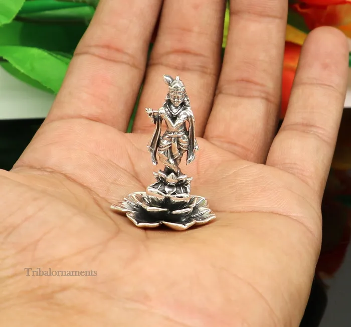 925 Sterling silver handmade antique design Idols Lord Krishna with flute standing Statue figurine puja articles decorative gift art159 TRIBAL ORNAMENTS Necklaces