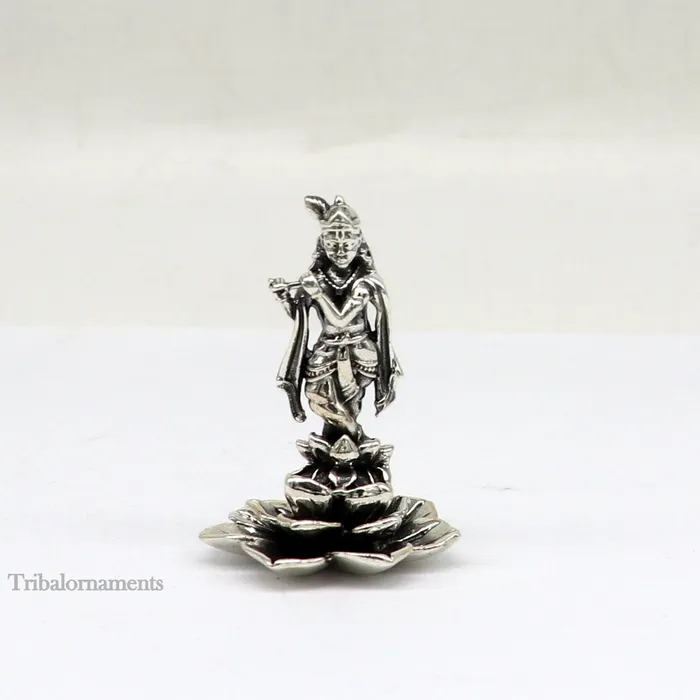925 Sterling silver handmade antique design Idols Lord Krishna with flute standing Statue figurine puja articles decorative gift art159 TRIBAL ORNAMENTS Necklaces