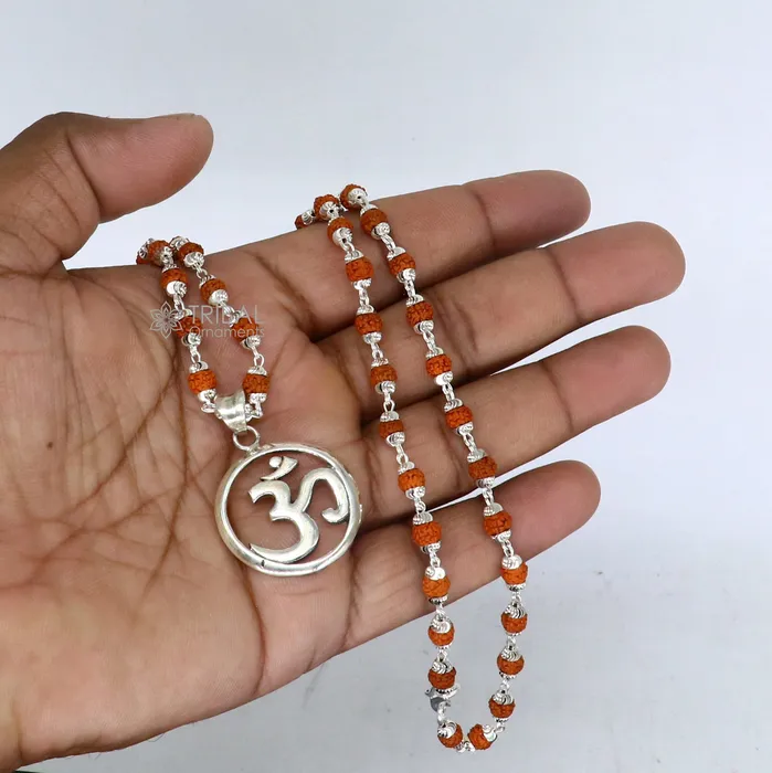 925 sterling silver handmade Divine Aum OM mantra pendant Rudraksha chain holy mantra pendant protect from negative energy nsp758 TRIBAL ORNAMENTS Necklaces