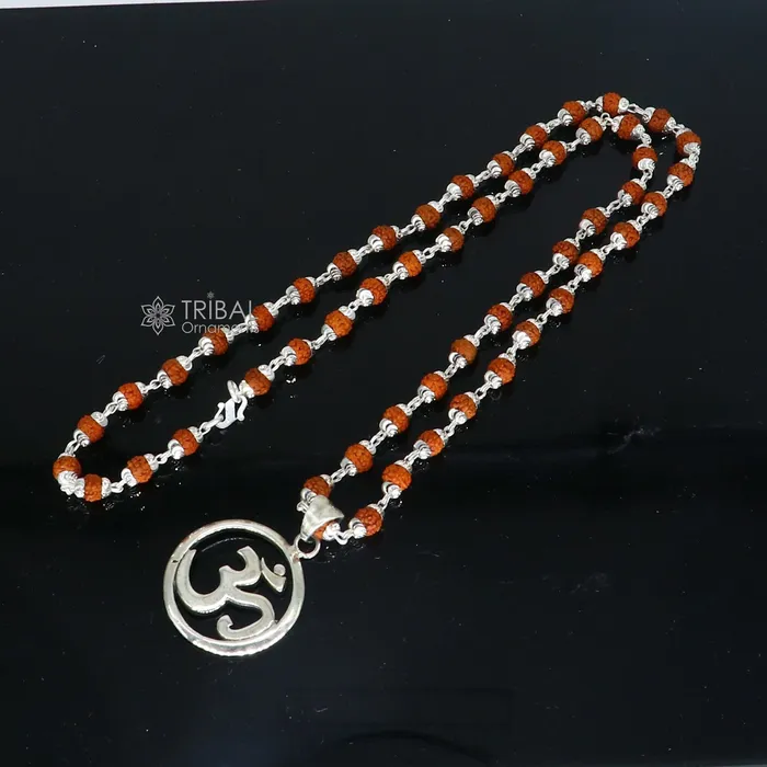 925 sterling silver handmade Divine Aum OM mantra pendant Rudraksha chain holy mantra pendant protect from negative energy nsp758 TRIBAL ORNAMENTS Necklaces