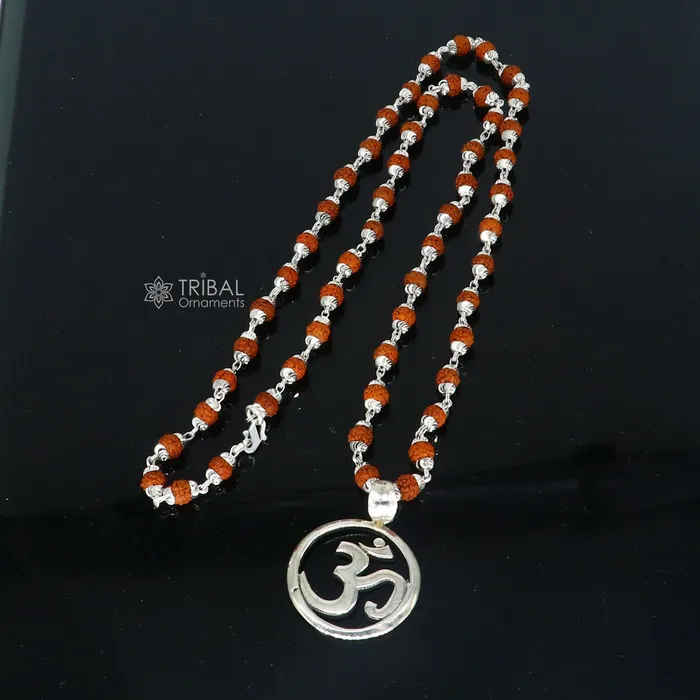 925 sterling silver handmade Divine Aum OM mantra pendant Rudraksha chain holy mantra pendant protect from negative energy nsp758 TRIBAL ORNAMENTS Necklaces