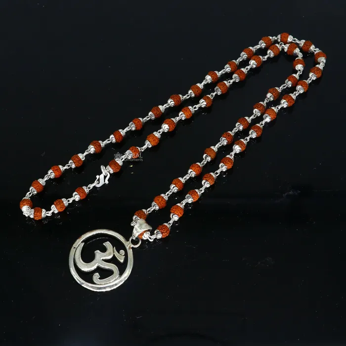 925 sterling silver handmade Divine Aum OM mantra pendant Rudraksha chain holy mantra pendant protect from negative energy nsp758 TRIBAL ORNAMENTS Necklaces