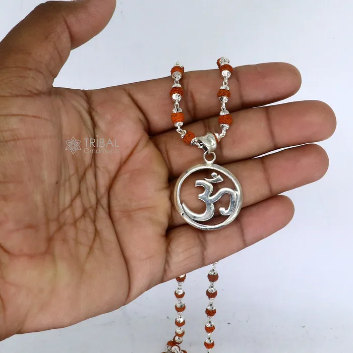 925 sterling silver handmade Divine Aum OM mantra pendant Rudraksha chain holy mantra pendant protect from negative energy nsp758 TRIBAL ORNAMENTS Necklaces