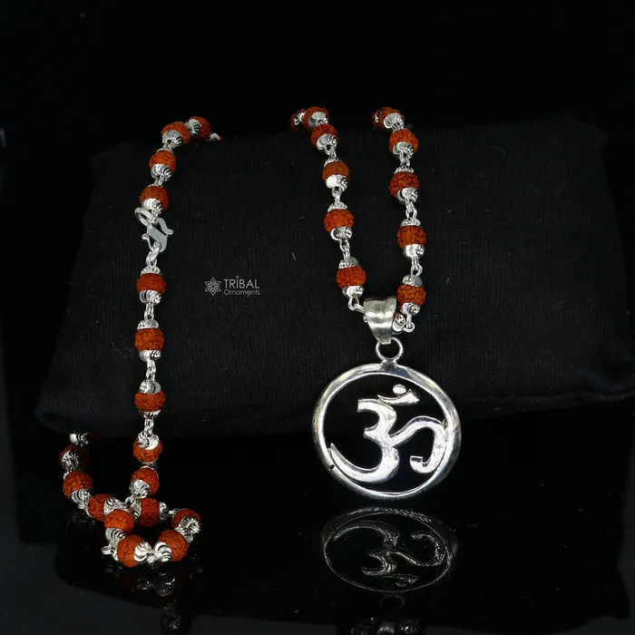 925 sterling silver handmade Divine Aum OM mantra pendant Rudraksha chain holy mantra pendant protect from negative energy nsp758 TRIBAL ORNAMENTS Necklaces