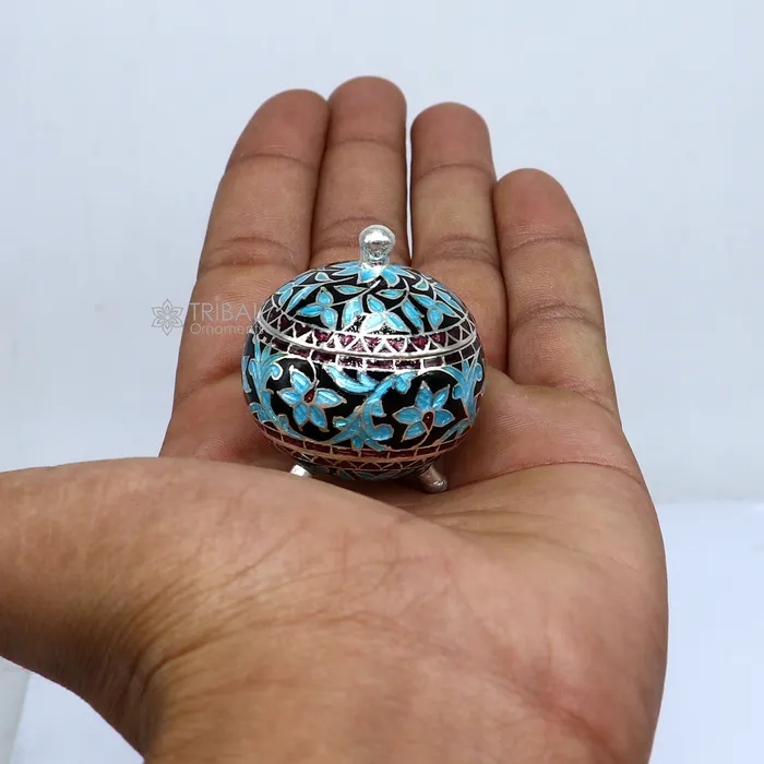 925 Sterling silver handmade fabulous trinket box Silver container box casket box sindoor box enamel work customized gifting box stb834 TRIBAL ORNAMENTS Rings