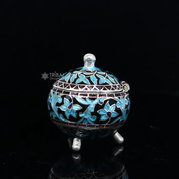 925 Sterling silver handmade fabulous trinket box Silver container box casket box sindoor box enamel work customized gifting box stb834 TRIBAL ORNAMENTS Rings
