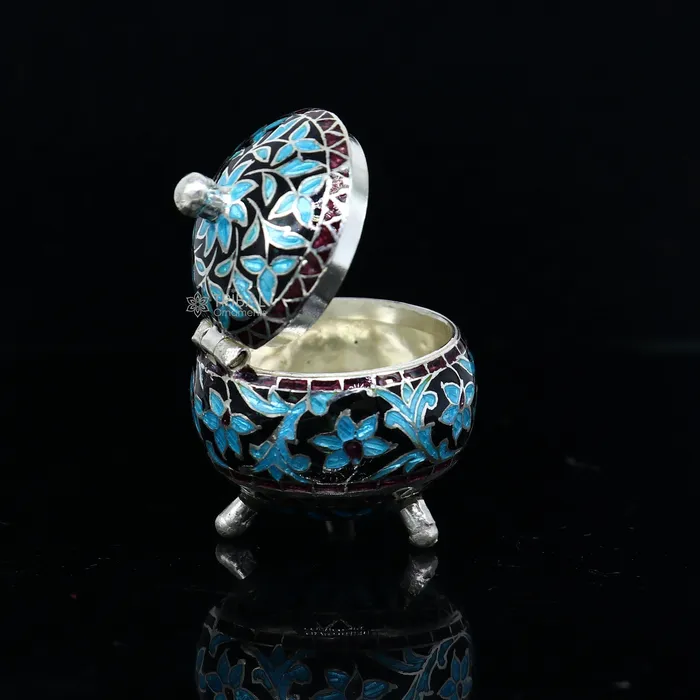 925 Sterling silver handmade fabulous trinket box Silver container box casket box sindoor box enamel work customized gifting box stb834 TRIBAL ORNAMENTS Rings