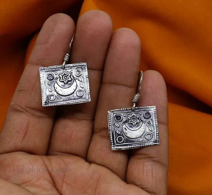 925 sterling silver handmade gorgeous moon hoops earring drop dangle excellent customized oxidized belly dance tribal earring earring s955 TRIBAL ORNAMENTS Earrings