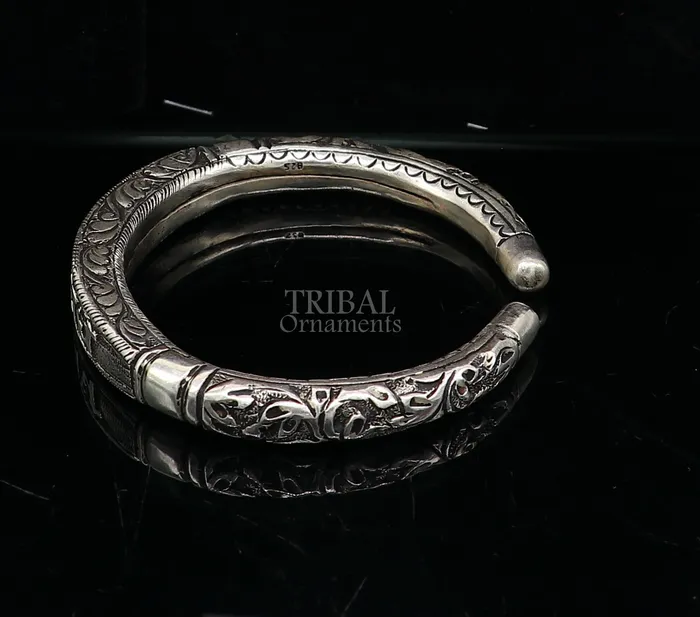925 Sterling silver handmade Nakshi work design Radhe Radhe Goddess Radha mantra bracelet kada divine unisex tribal ethnic jewelry nsk655 TRIBAL ORNAMENTS Bracelets