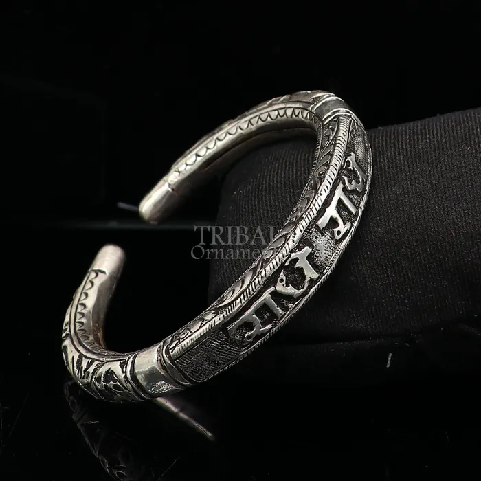 925 Sterling silver handmade Nakshi work design Radhe Radhe Goddess Radha mantra bracelet kada divine unisex tribal ethnic jewelry nsk655 TRIBAL ORNAMENTS Bracelets