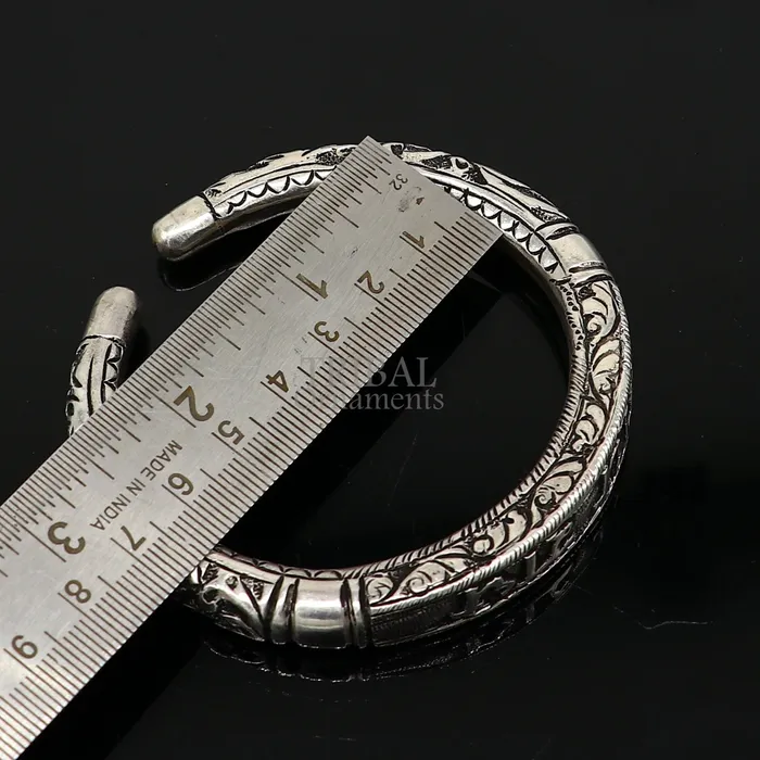 925 Sterling silver handmade Nakshi work design Radhe Radhe Goddess Radha mantra bracelet kada divine unisex tribal ethnic jewelry nsk655 TRIBAL ORNAMENTS Bracelets
