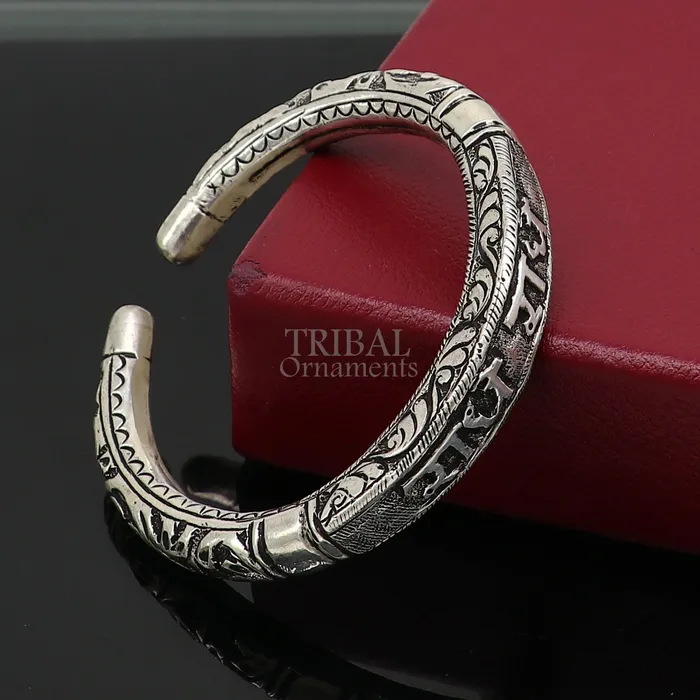 925 Sterling silver handmade Nakshi work design Radhe Radhe Goddess Radha mantra bracelet kada divine unisex tribal ethnic jewelry nsk655 TRIBAL ORNAMENTS Bracelets