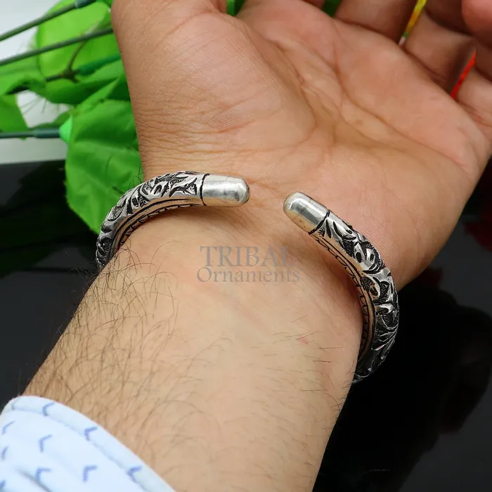 925 Sterling silver handmade Nakshi work design Radhe Radhe Goddess Radha mantra bracelet kada divine unisex tribal ethnic jewelry nsk655 TRIBAL ORNAMENTS Bracelets