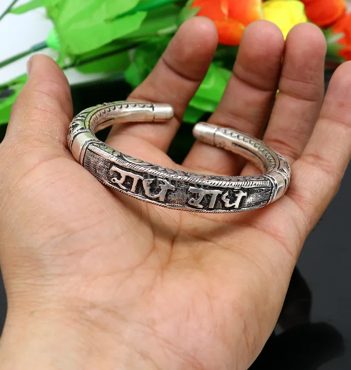 925 Sterling silver handmade Nakshi work design Radhe Radhe Goddess Radha mantra bracelet kada divine unisex tribal ethnic jewelry nsk655 TRIBAL ORNAMENTS Bracelets