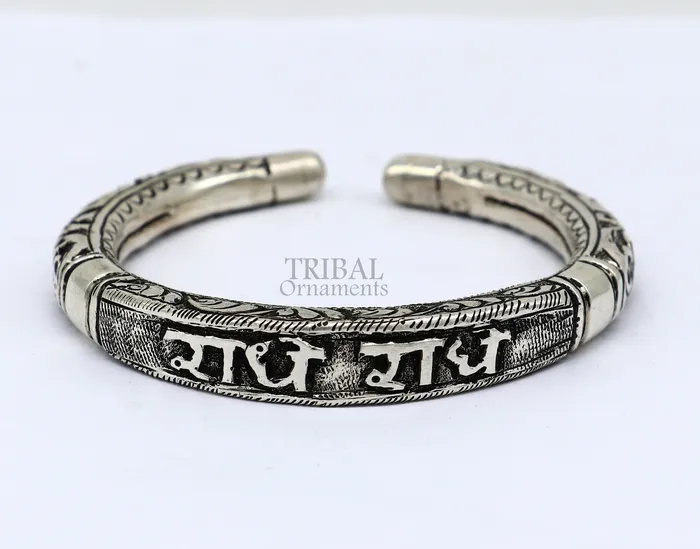 925 Sterling silver handmade Nakshi work design Radhe Radhe Goddess Radha mantra bracelet kada divine unisex tribal ethnic jewelry nsk655 TRIBAL ORNAMENTS Bracelets