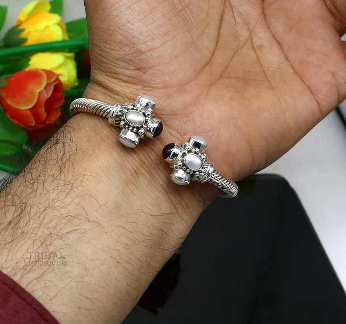 925 sterling silver handmade solid unique design stylish pearl bangle bracelet best gifting belly dance jewelry form india nsk454 TRIBAL ORNAMENTS Bracelets