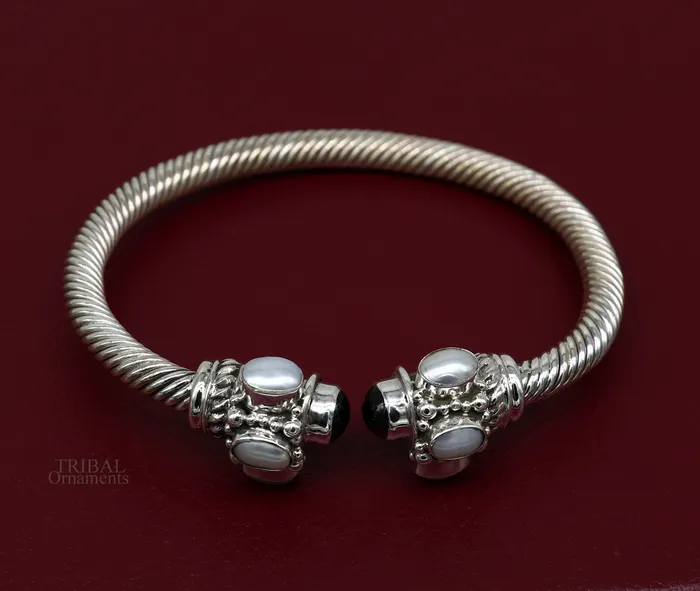 925 sterling silver handmade solid unique design stylish pearl bangle bracelet best gifting belly dance jewelry form india nsk454 TRIBAL ORNAMENTS Bracelets