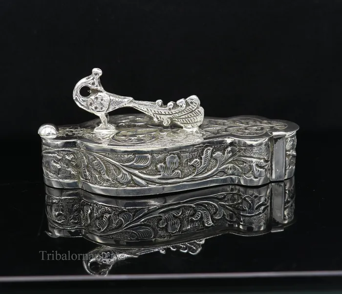 925 sterling silver handmade unique peacock design luxury trinket box brides gift casket box silver article silver utensils stb231 TRIBAL ORNAMENTS Rings