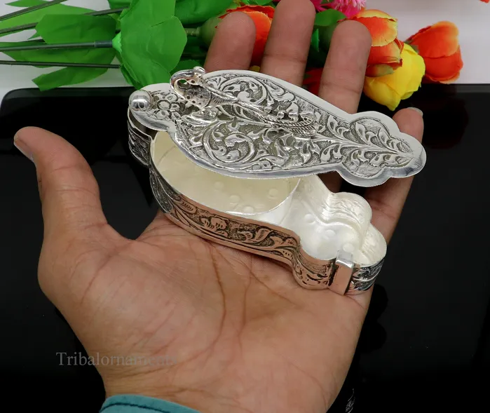 925 sterling silver handmade unique peacock design luxury trinket box brides gift casket box silver article silver utensils stb231 TRIBAL ORNAMENTS Rings