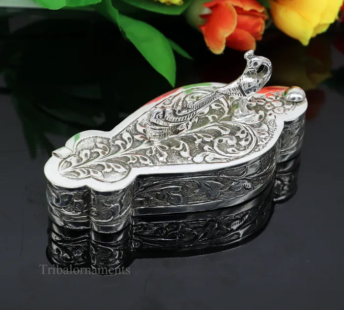 925 sterling silver handmade unique peacock design luxury trinket box brides gift casket box silver article silver utensils stb231 TRIBAL ORNAMENTS Rings