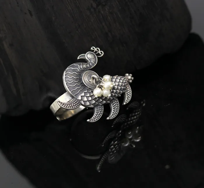 925 sterling silver handmade vintage antique customized peacock style amazing pearl ring adjustable charm ring bridesmaid gift ring215 TRIBAL ORNAMENTS Rings