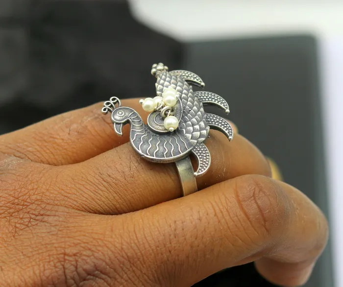 925 sterling silver handmade vintage antique customized peacock style amazing pearl ring adjustable charm ring bridesmaid gift ring215 TRIBAL ORNAMENTS Rings
