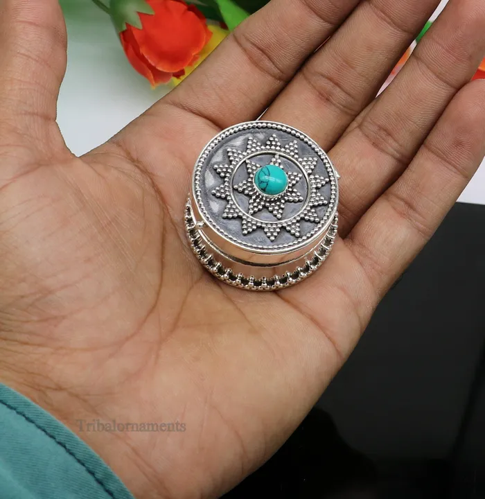 925 sterling silver Stunning Rava work design turquoise stone trinket box Sindoor box brides gift collection silver stunning box stb222 TRIBAL ORNAMENTS Rings