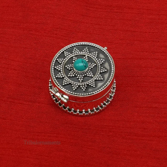925 sterling silver Stunning Rava work design turquoise stone trinket box Sindoor box brides gift collection silver stunning box stb222 TRIBAL ORNAMENTS Rings