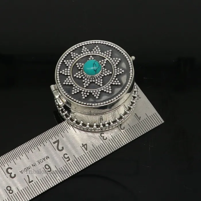 925 sterling silver Stunning Rava work design turquoise stone trinket box Sindoor box brides gift collection silver stunning box stb222 TRIBAL ORNAMENTS Rings